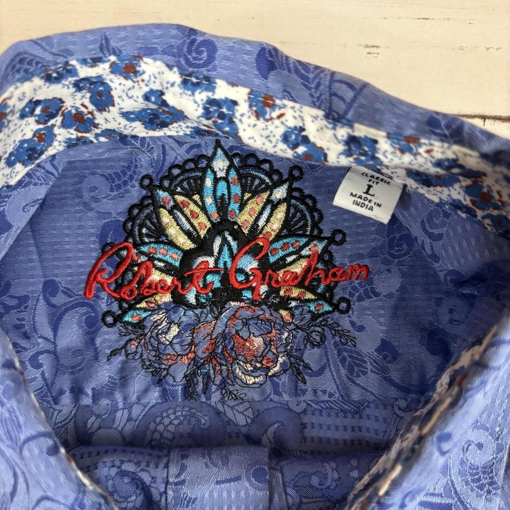 Robert Graham Paisley Shirt Mens L Blue Button-Up Long Sleeve Contrast Cuff - Picture 3 of 10